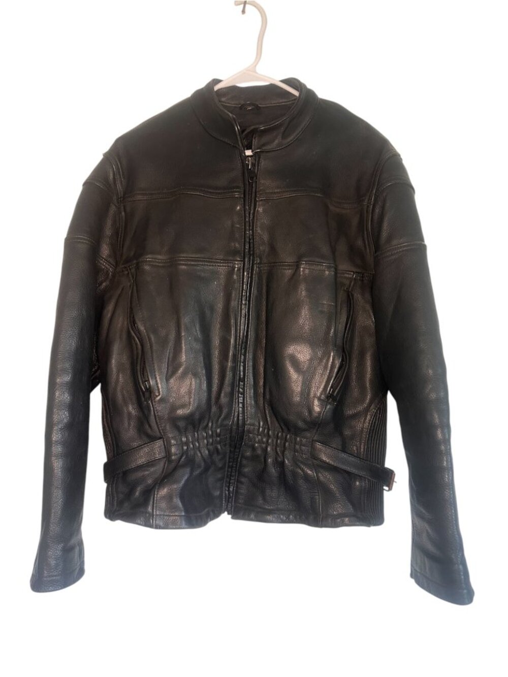 Vintage Heavy Leather Biker Jacket Womens XL Black Moto Full Zip Buckles Grunge